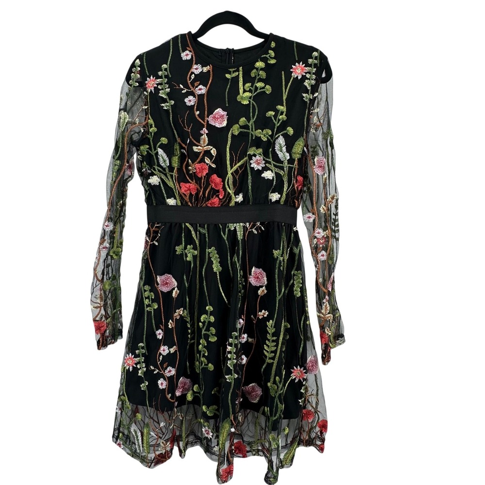 Floral Embroidered Mesh Mini Dress Women Size S Black Whimsigoth Fairycore Boho
